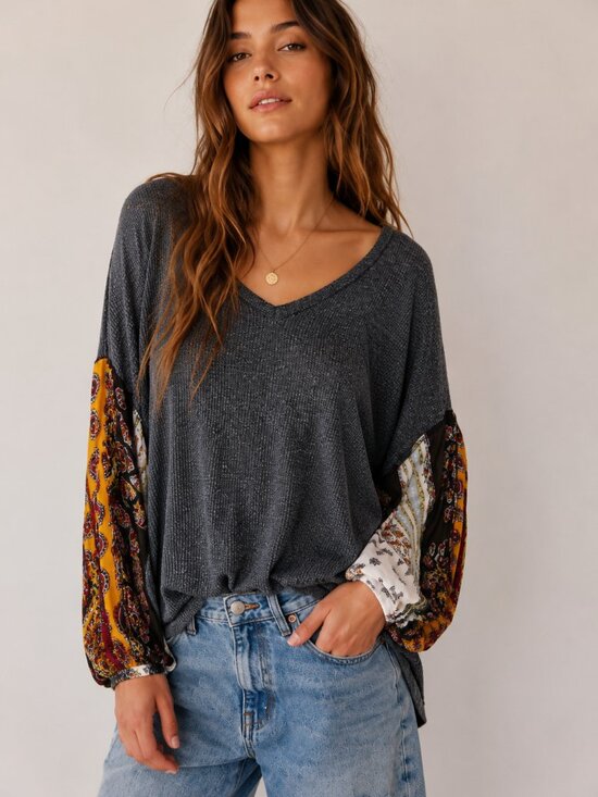 Free People Tops - Free People SZ XS Blossom Thermal Patchwork Top Charcoal Gray